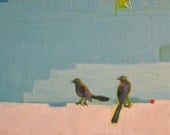 Only With You- 8x16 Original Oil Painting on Canvas-  Black Birds, Turquoise