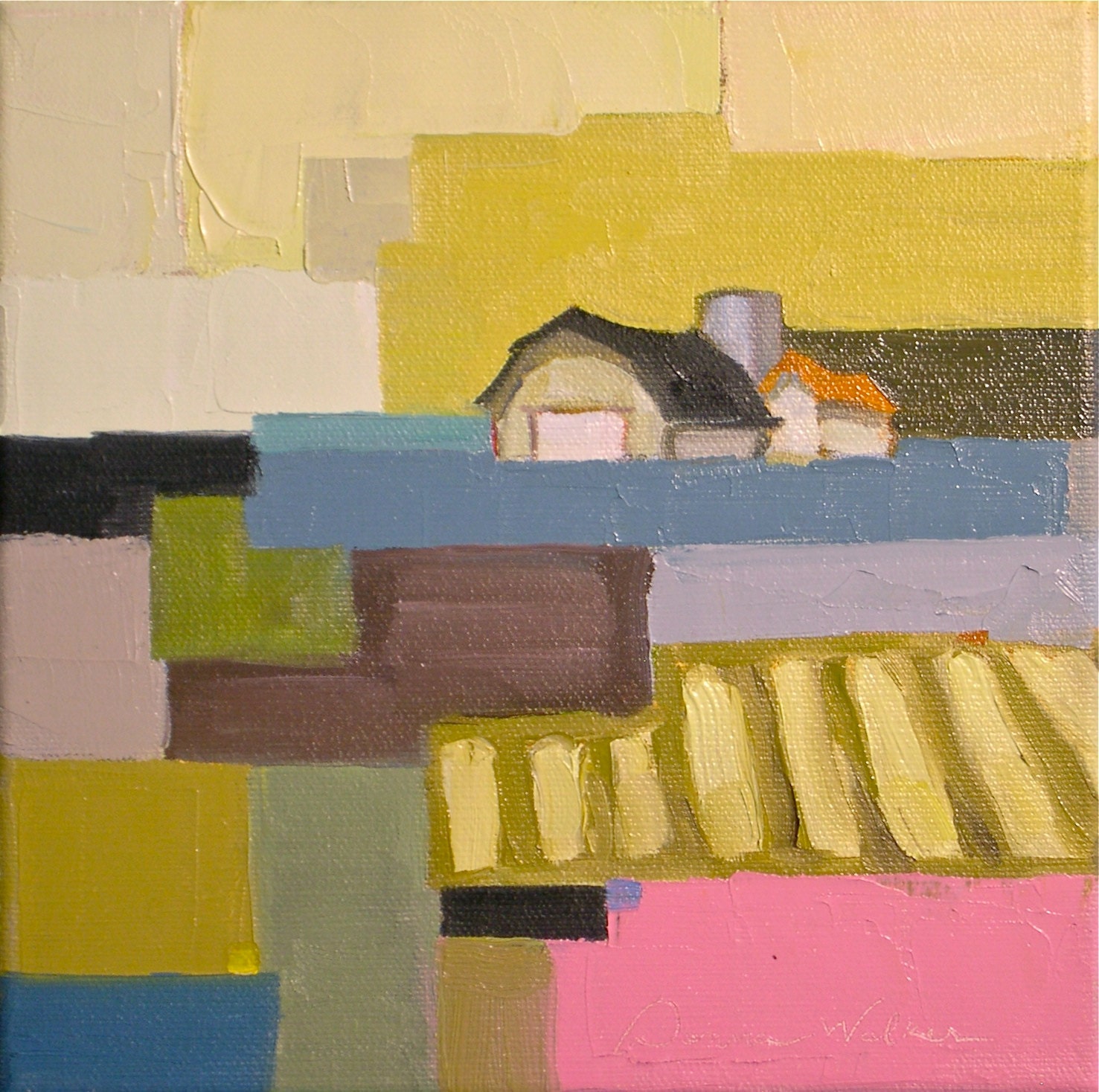 Farmland Quilt II- 8x8 Original Barn Oil Painting on Canvas- Farmhouse, Barn, Landscape