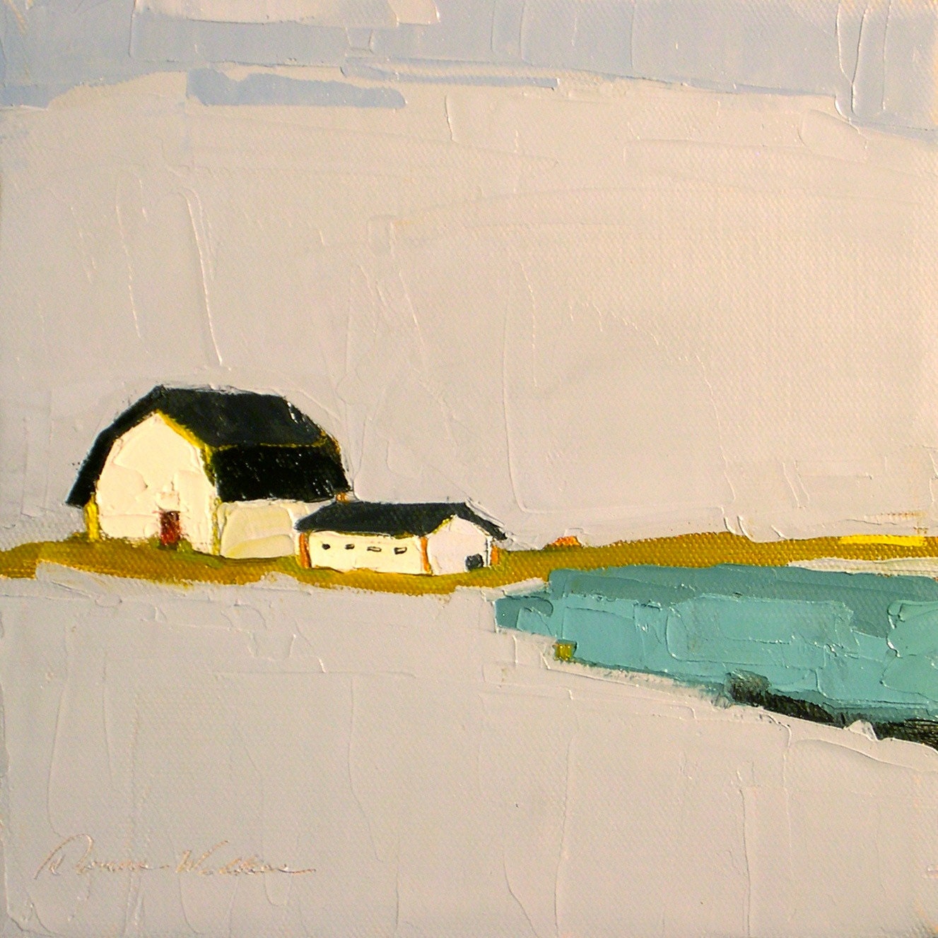 Promise of Living- 8x8 Original Oil Painting on Canvas- White Barn, Landscape, Lake, Pond