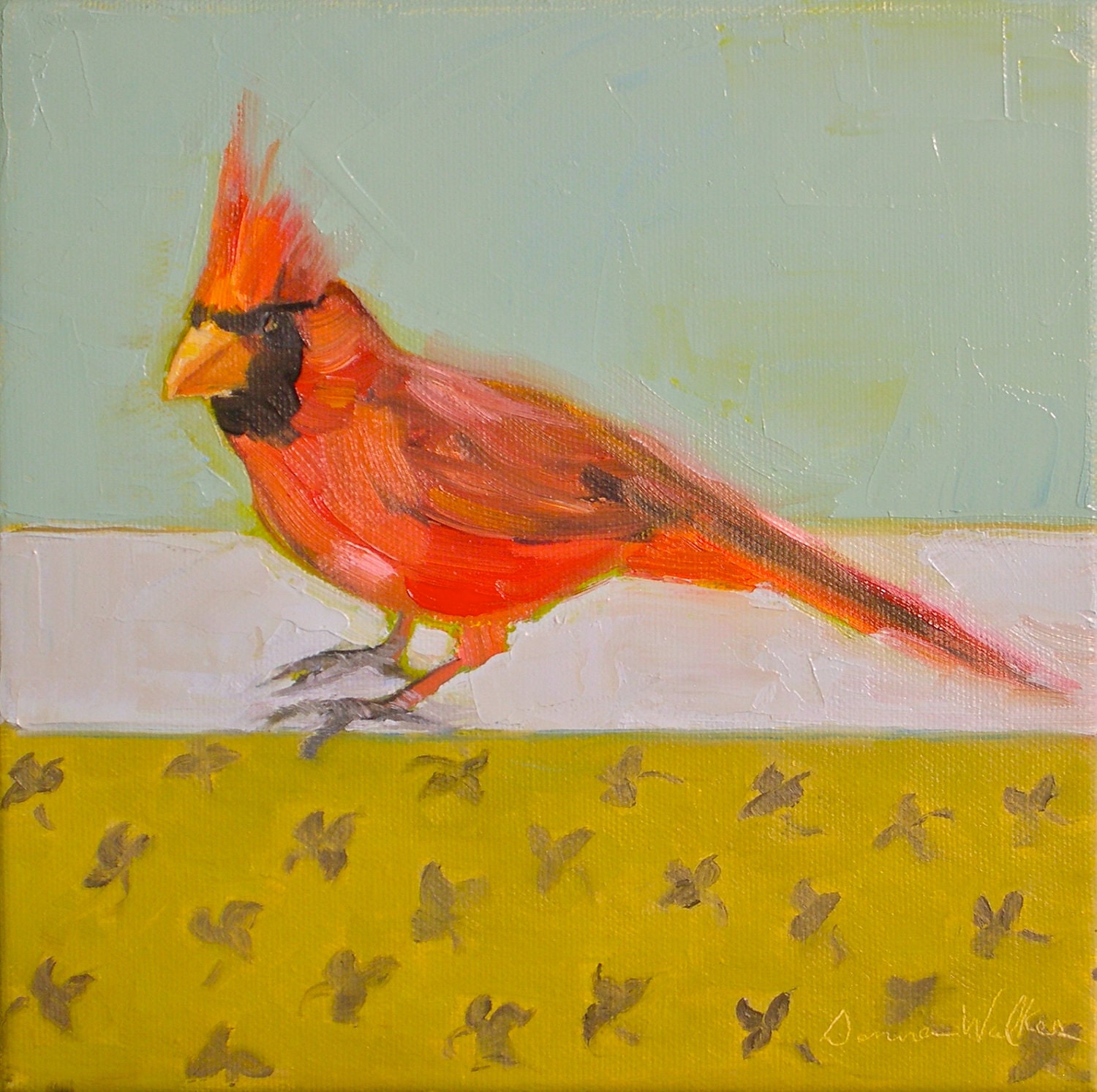 Cardinal II- 8x8 Original Oil Painting on Canvas- Bird, Sky, Blue, Red