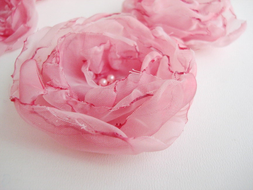 Pastel Pink Rosettes Handmade Organza Fabric Flowers Aplique sewn Set of 6  pcs