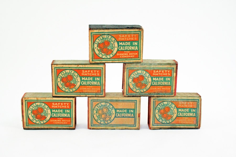 Vintage Match Boxes, Vintage Golden State Safety Matches, California Oranges, Vintage Advertising, Orange and Green Vintage Match Boxes - BlueMoonCollectibles