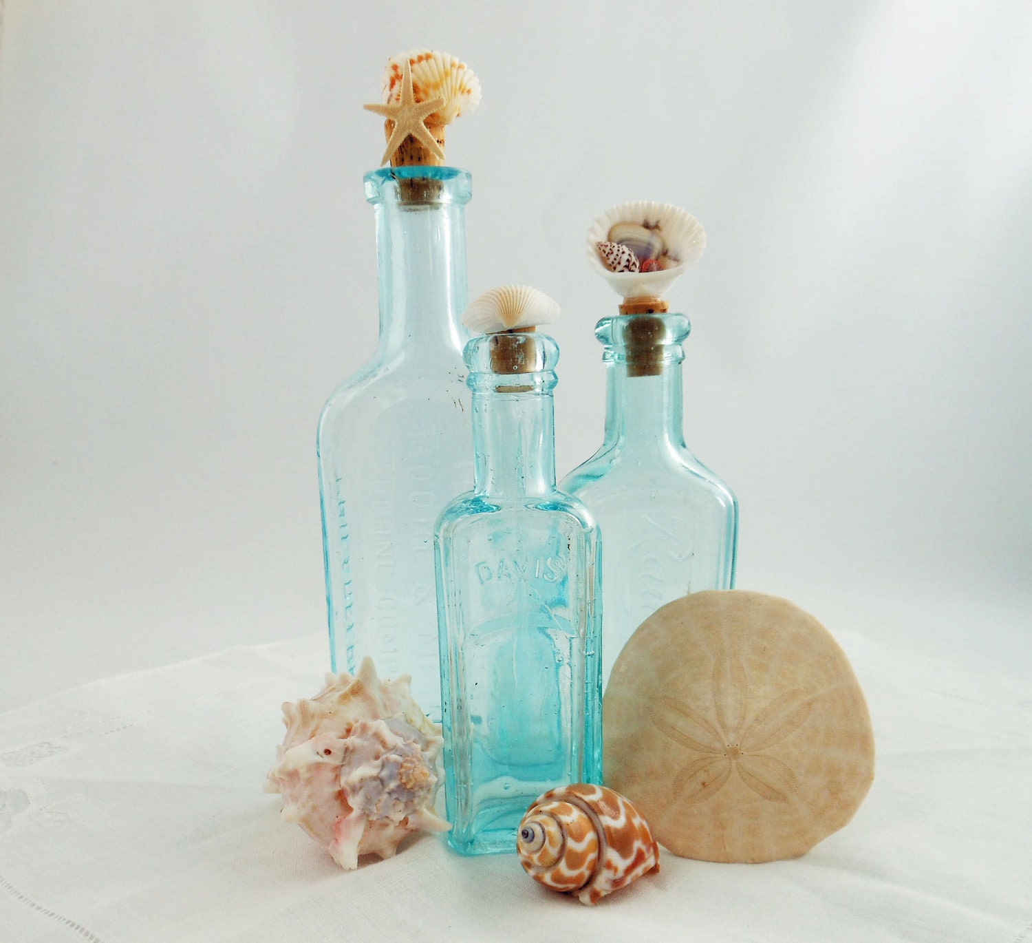 Vintage Apothecary Bottles - Aqua Bottles - Shell Embellisment Bottles