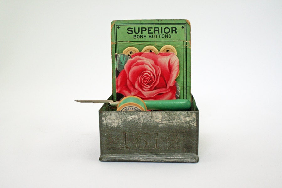 Vintage Sewing Supplies - Sewing Notions in a Tea Tin - Pink and Green Seamstress Gift