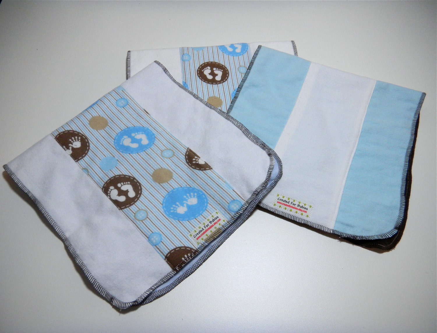 Baby boy flannel and minky reversible plush burp cloths-blue, brown and white set of 3