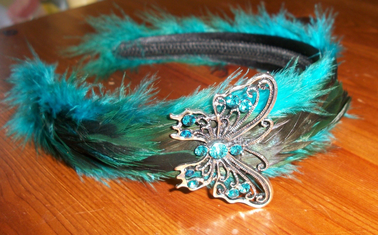 ONE WEEK SALE Turquoise, Green and Black Butterfly Feather Headband