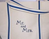 Tote - Embroidered-Ribboned Mr. & Mrs. Custom Tote and Carryall-Shower Gift