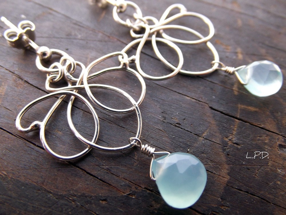 Sterling Silver Lotus Earrings With Aqua Blue Chalcedony  Briolette. - LovePotionDesign
