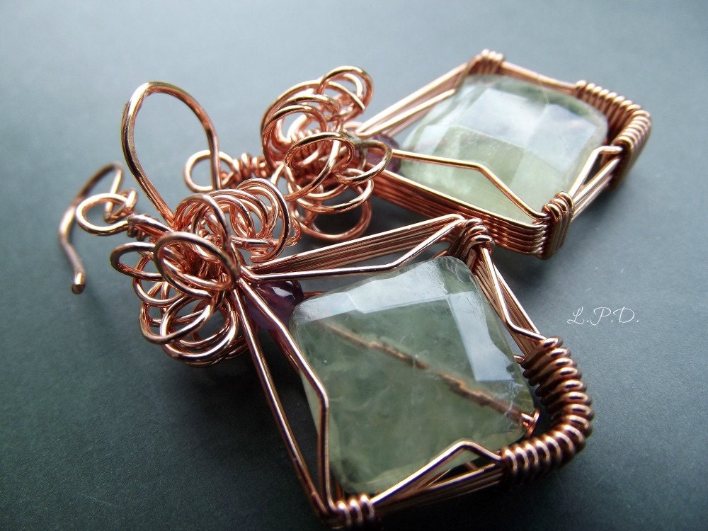 Wire Wrapped Non Tarnish Copper Dangle Earrings With Green Quartz And Amethyst Beads.