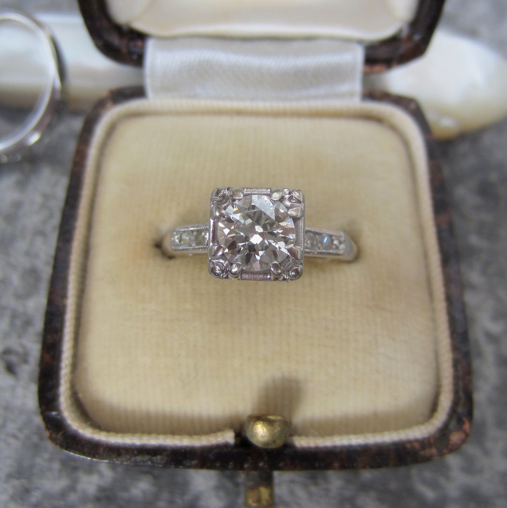 Deposit. RESERVED. Art Deco Diamond Engagement Ring. Wedding Band. Transitional Cut Diamond. Addy on Etsy.