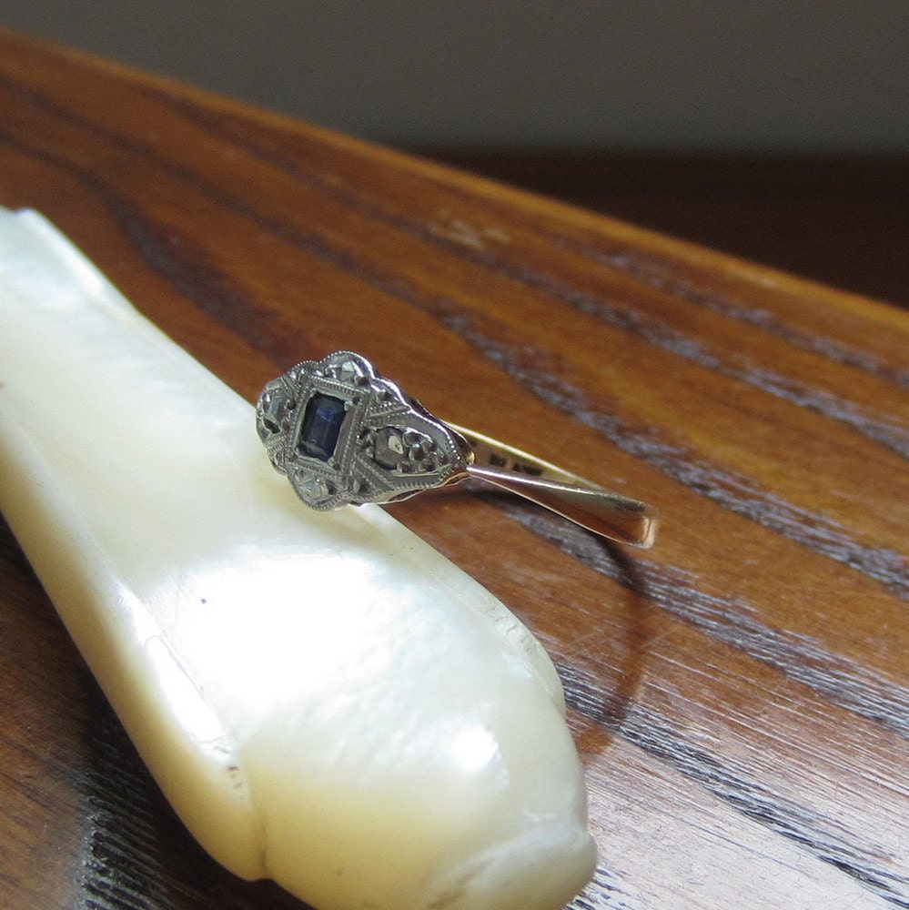 Art Deco Sapphire  and Diamond Ring. Platinum and Yellow Gold. Addy on Etsy