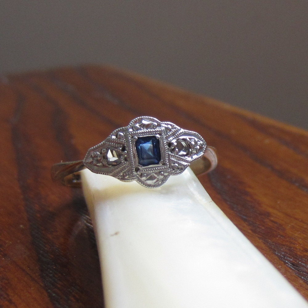 Art Deco Sapphire  and Diamond Ring. Platinum and Yellow Gold. Addy on Etsy