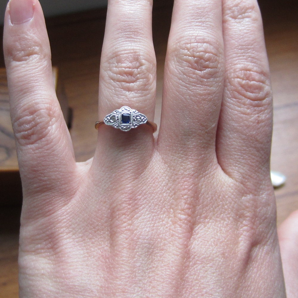 Art Deco Sapphire  and Diamond Ring. Platinum and Yellow Gold. Addy on Etsy