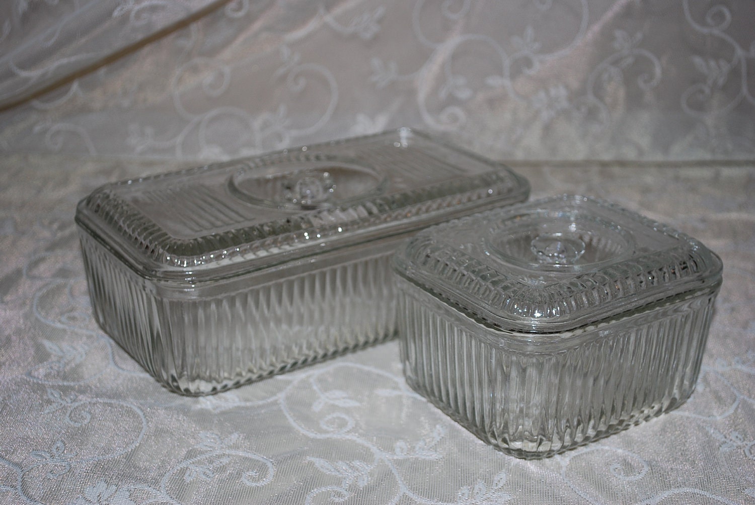 Set of Two Vintage Heavy Glass Refrigerator or Leftover Dishes