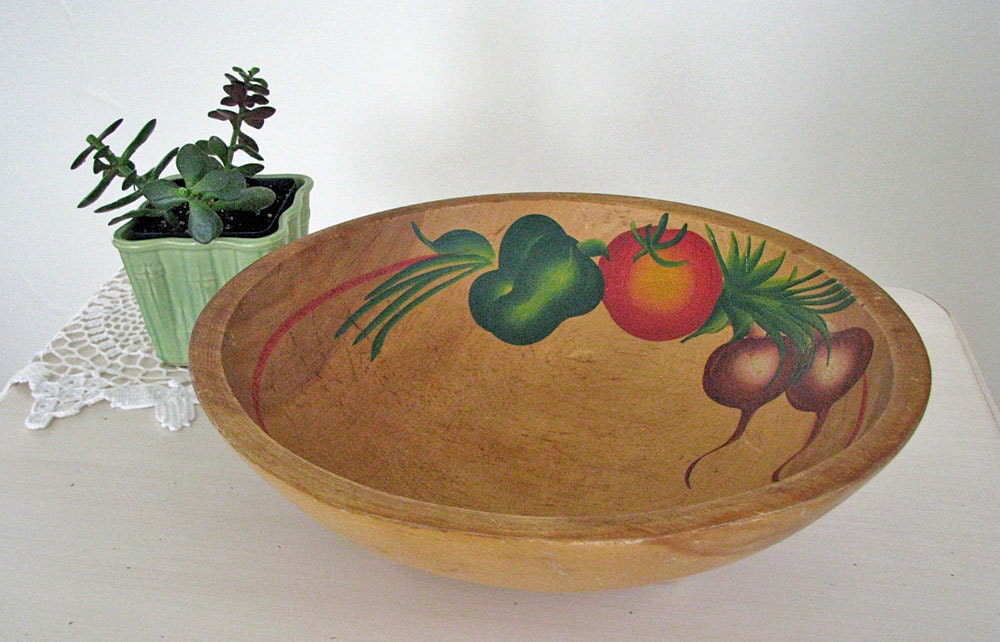 Vintage wood serving bowl, hand painted wood bowl, salad bowl