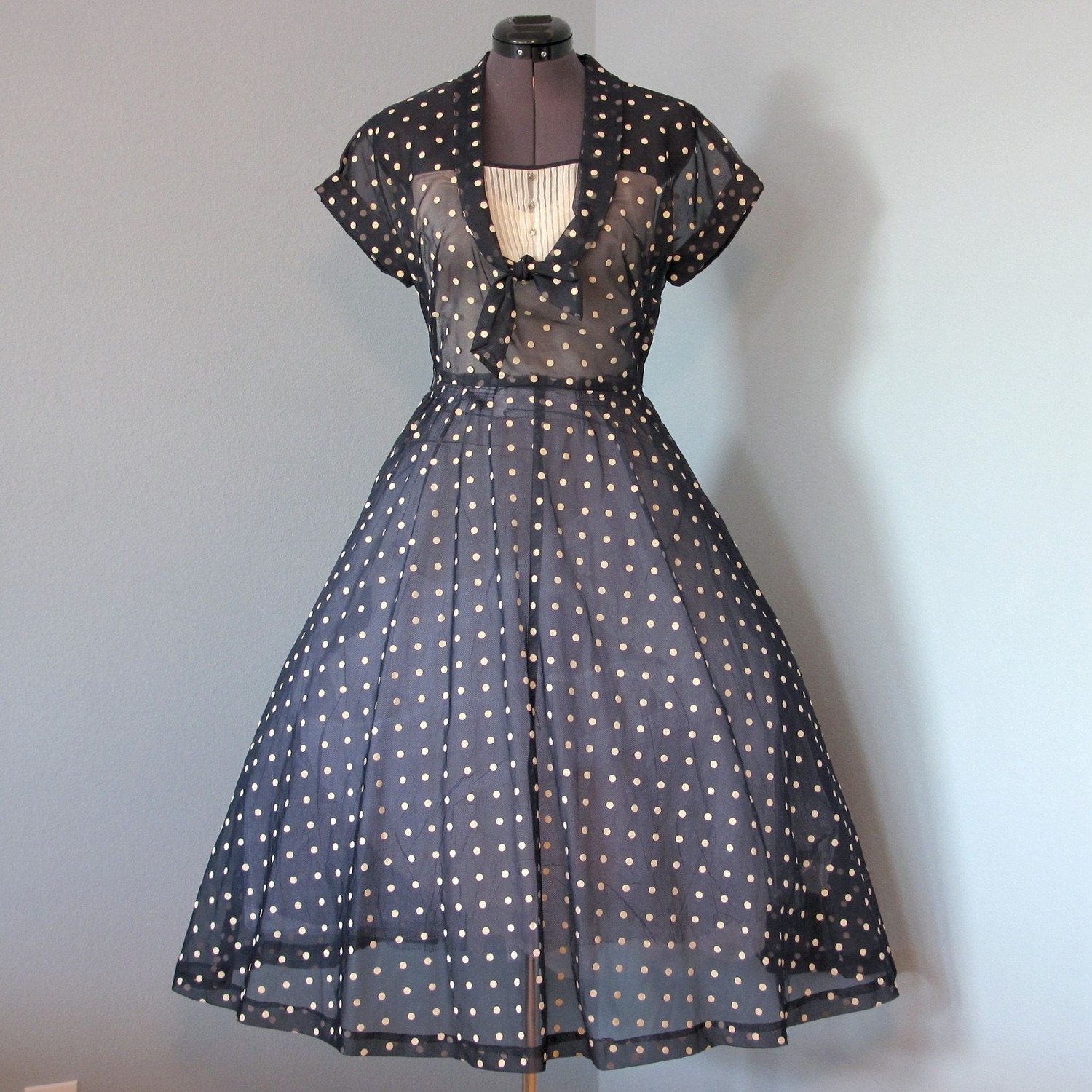 1950s Navy Day Dress...Dressy Sheer Navy Blue and Cream Polka Dot Organza Day Dress