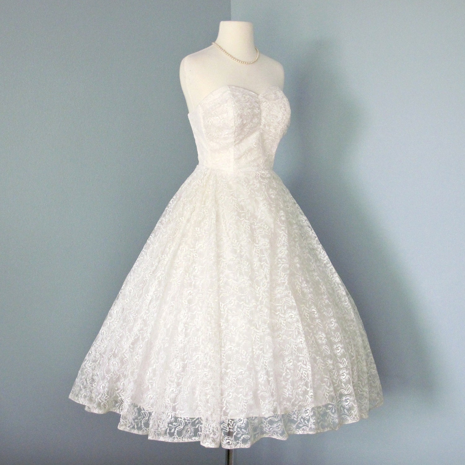 Vintage Tea Length Wedding Dress...Beautiful Creamy White 1950s Lace Tea Length Wedding Dress with Cropped Jacket XS