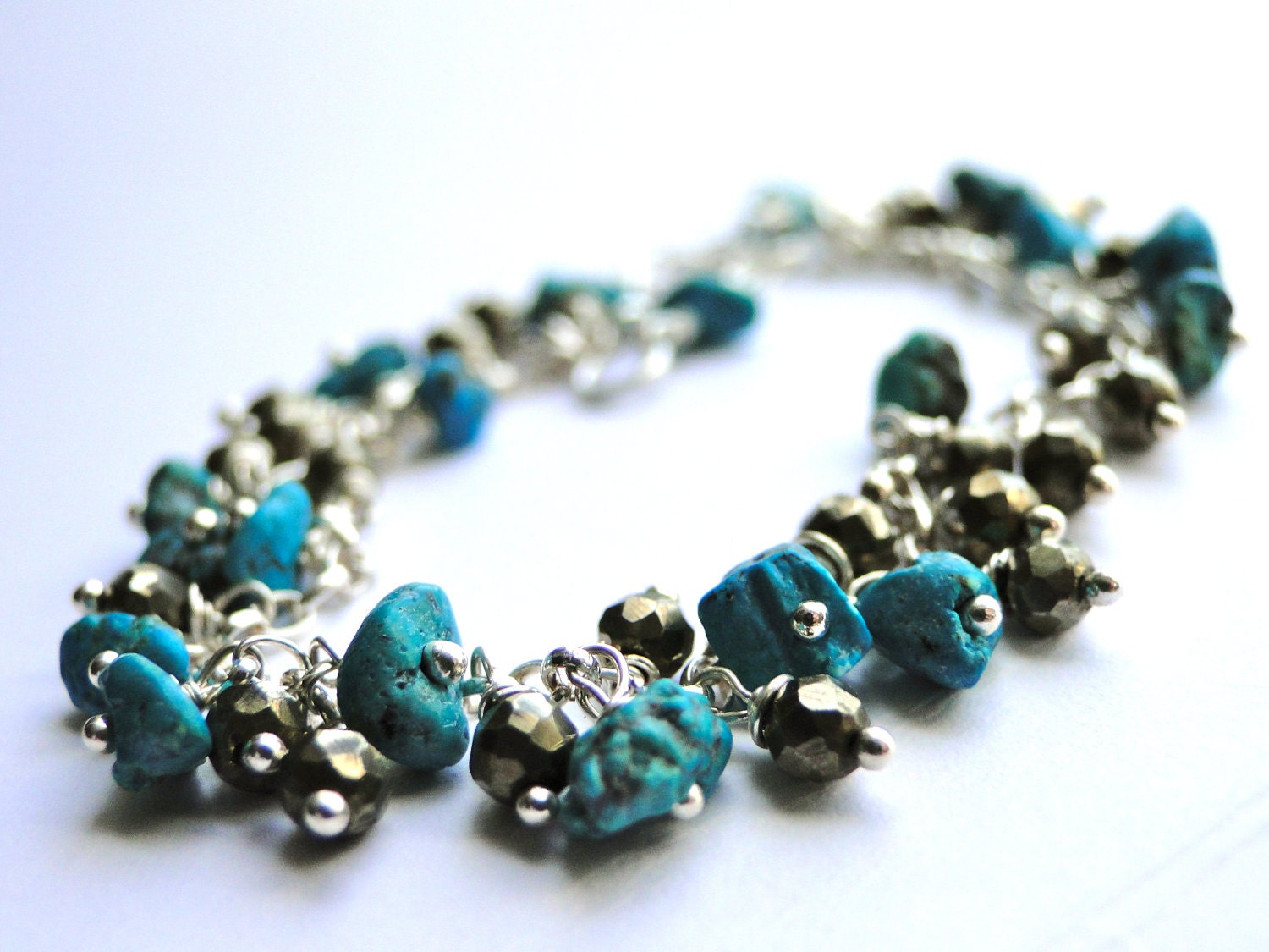 Autumn, Raw Turquoise, Pyrite Gemstone and Sterling Silver Bracelet, BOHO CHIC Jewelry, Gift for Her