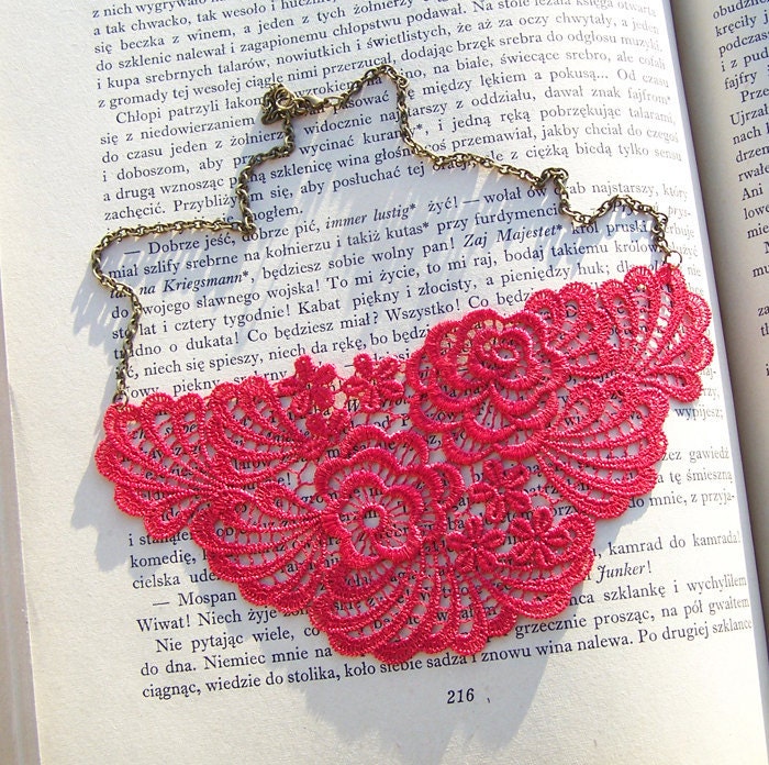Red  Lace Necklace , hot red venise lace statement necklace - IskraCreations