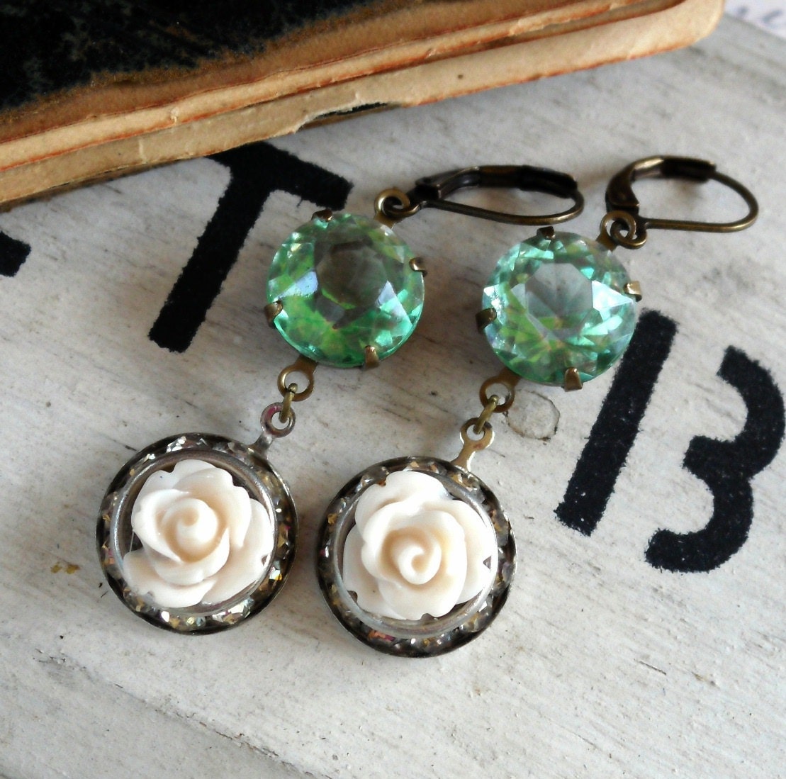Seafoam and Roses Vintage Assemblage Earrings