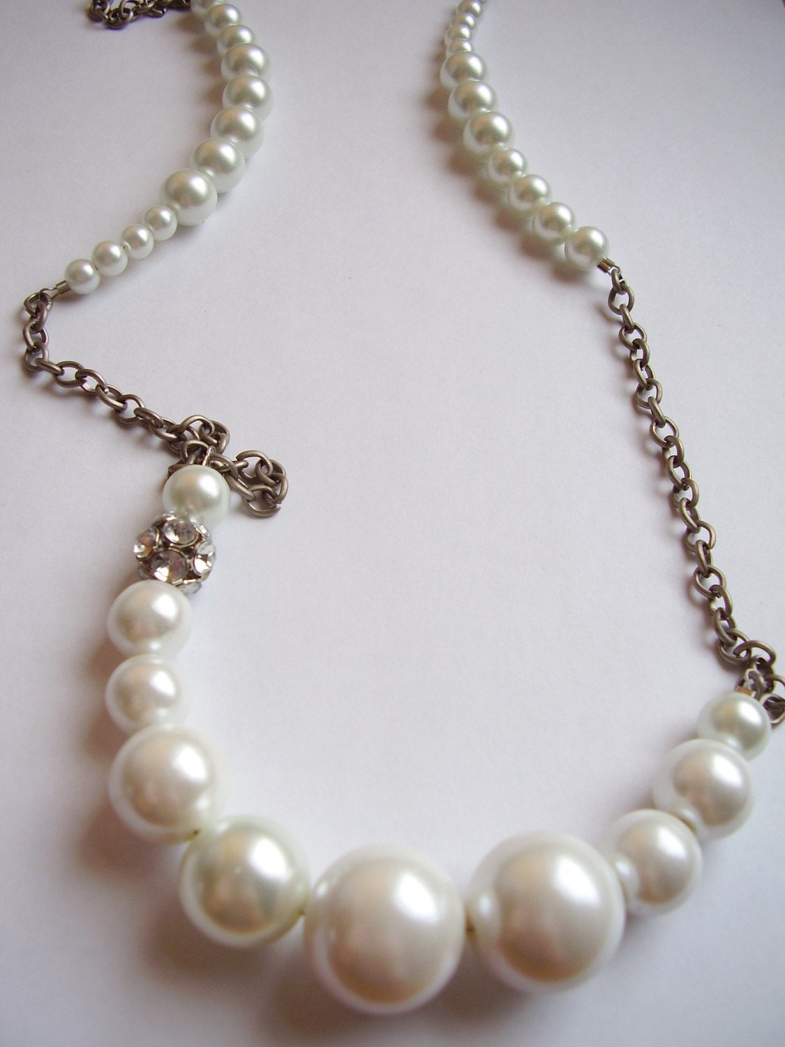 White pearl, chain and rhinestone beaded long chunky necklace