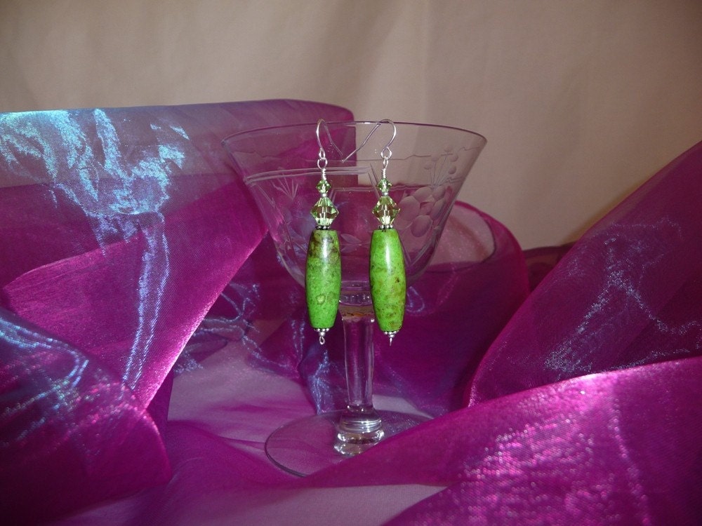 SPECIAL ORDER Dramatic Long Green Turquoise Beads with Peridot 8mm Swarovski Crystal Earrings