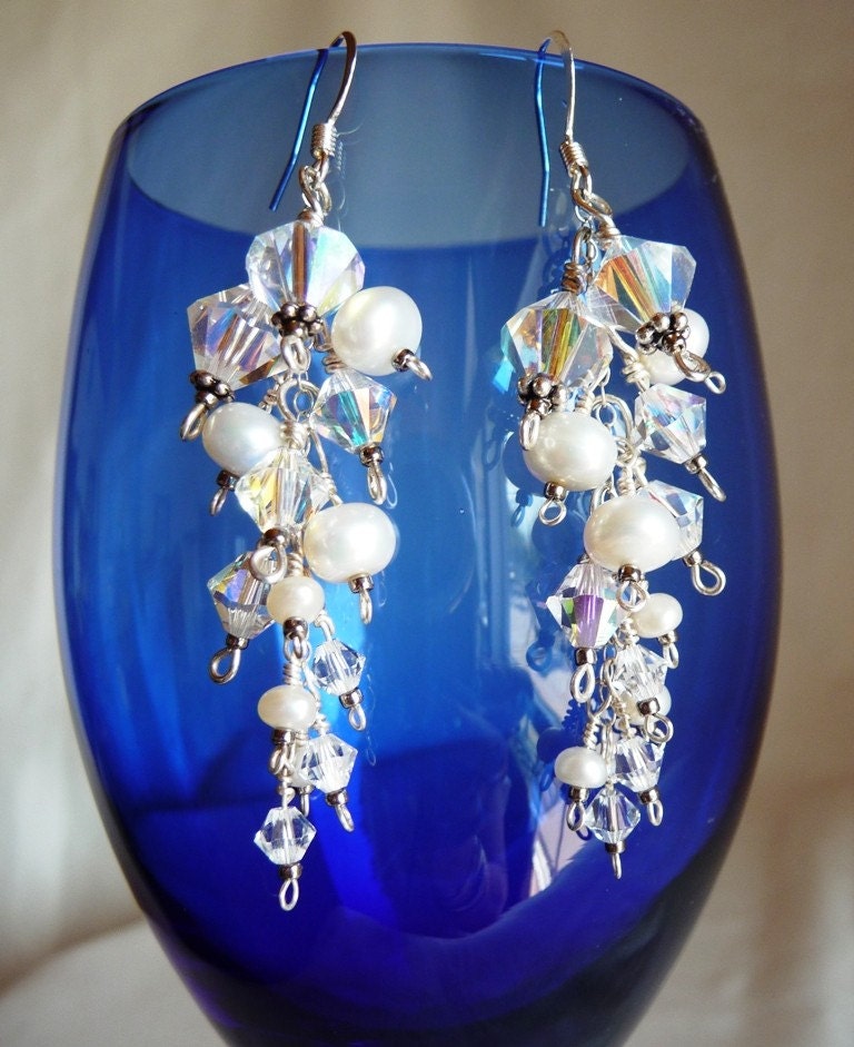 By Special Order......Bridal or Elegant Affair Elegant Clear AB Swarovski Crystals and White Pearl Cluster Earrings