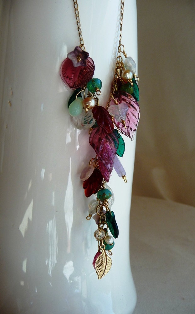 Cascading Fall Multicolor Leaves Create a Stunning Necklace in Amethyst, Mauve, Pale Lavender, with Pearls and Flower Embellishments