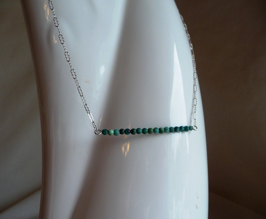 Simply Delicate Little Bar of Round Turquoise in Beautiful Colors of Green  Aqua Sterlng Silver Necklace Bridal Wedding Birthday Valentine