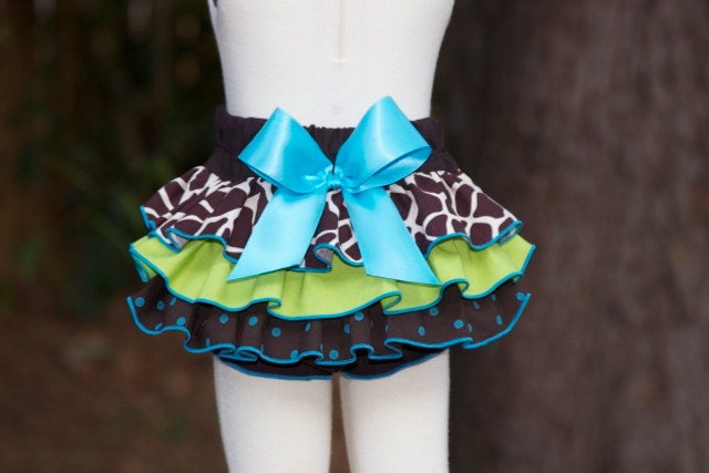 Turquoise Lime Giraffe Ruffled Bottom Bloomer Diaper Cover 0-3mths, 3-6mths, 6-12mths, 12-18mths, 18-24mths