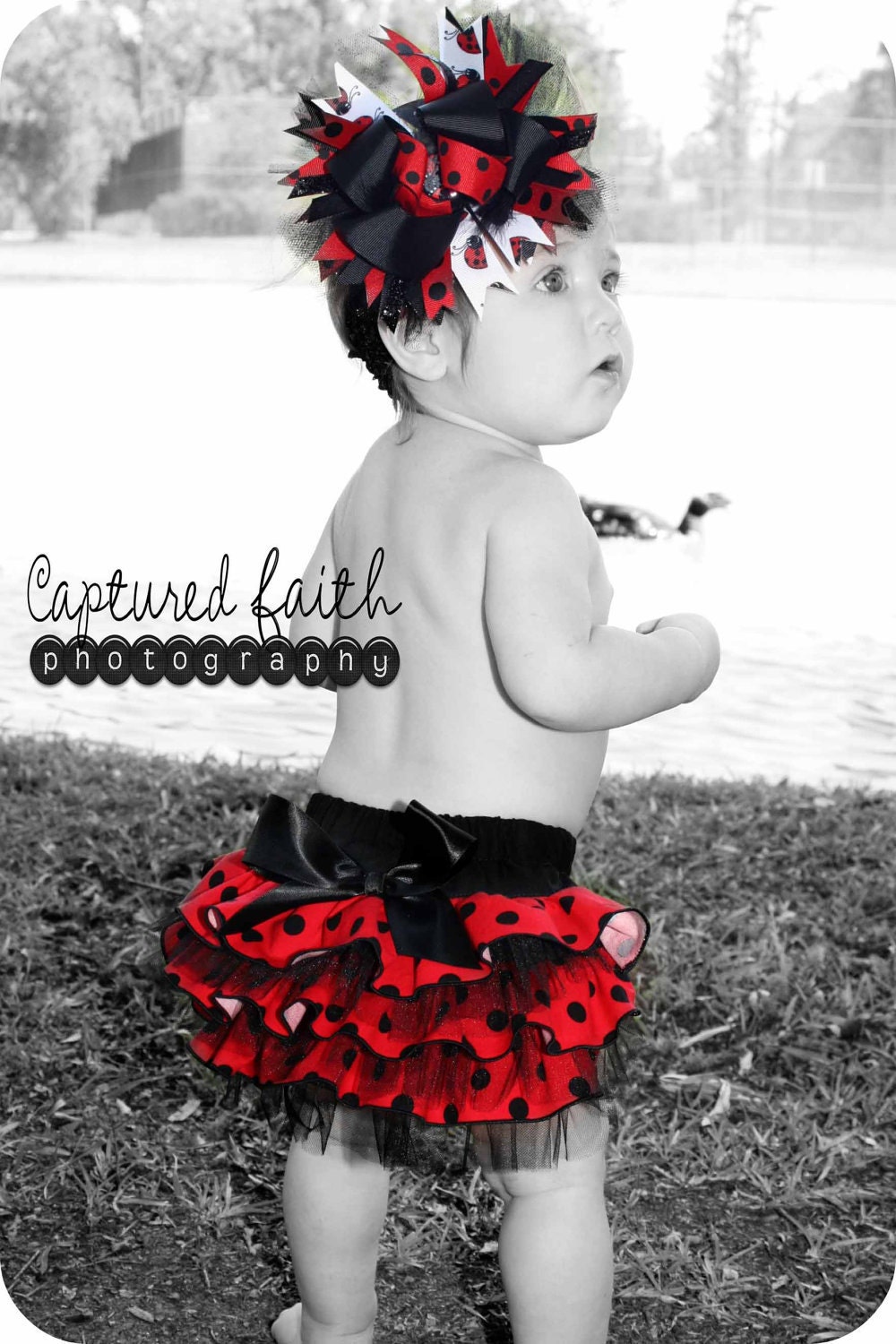 COMBO SET Ladybug Ruffled Bottom Bloomer/Diaper Cover 0-3mths, 3-6mths, 6-12mths, 12-18mths, 18-24mths & Over-the-Top Hair Bow