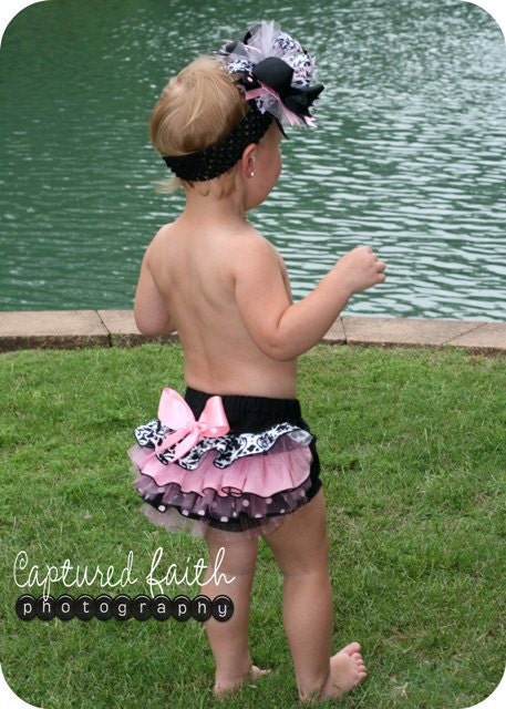 Damask Light Pink Dot Over-the-Top HAIR BOW with customizable initial center