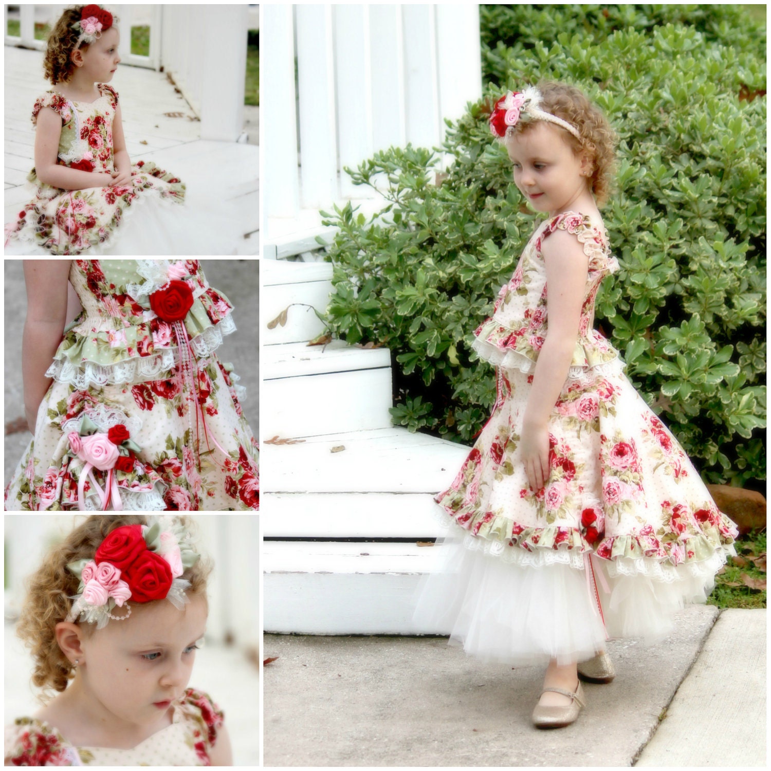 Custom Girls Special Occasion Dress w/ Train and Handmade Ribbon Rose Accents YOU CHOOSE FABRICS sizes 4t, 5, 6