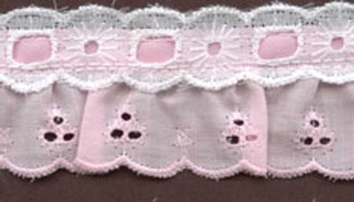 Ruffled lace fabric Eyelet sewing trim with beading baby pink for blankets, baby items and more 5 yards