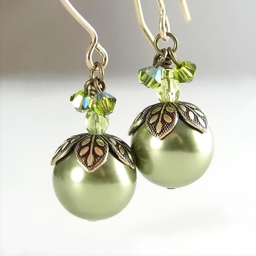 Green Pearl Earrings Swarovski Green Crystal Pearl Earring Antique Gold Leaf Earrings Fern Forest Berry - DorotaJewelry