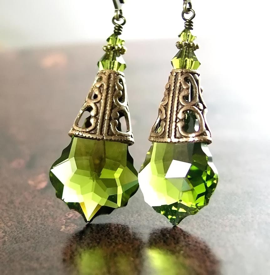 Olive Green Earrings Antique Gold Brass Swarovski Forest Leaf Green Crystal Dangle Drop Earrings