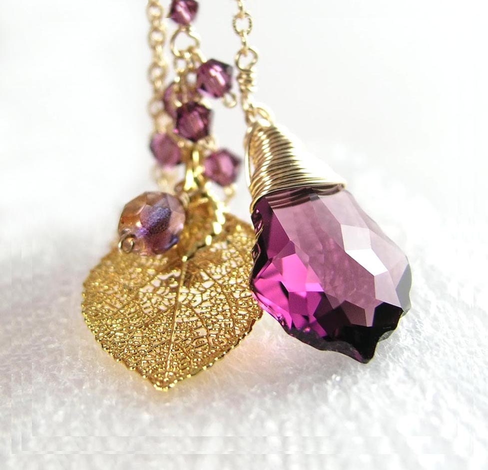 Amethyst Purple Necklace Gold Leaf Necklace 14K Gold Fill Swarovski Purple Crystal Pendant Necklace