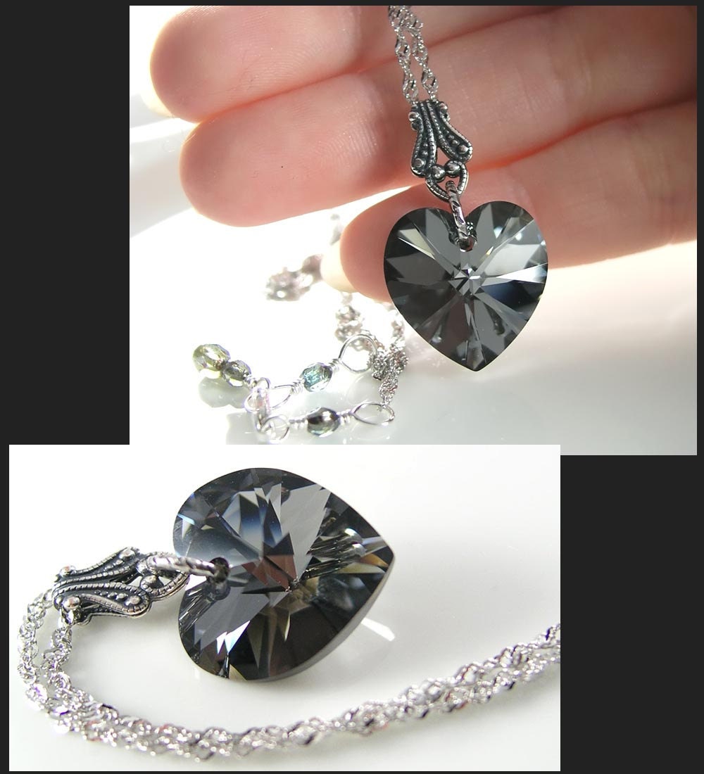 Platinum Gray Heart Necklace Aurora Swarovski Crystal Heart Pendant Necklace Satin Grey Heart Necklace