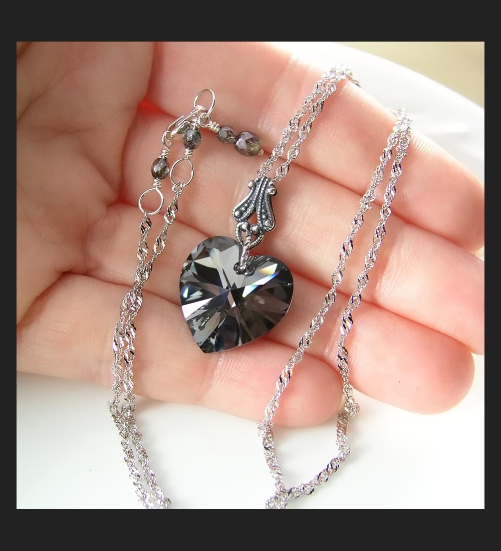 Platinum Gray Heart Necklace Aurora Swarovski Crystal Heart Pendant Necklace Satin Grey Heart Necklace