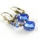Sapphire Blue Earrings Vintage Blue Glass Earrings Estate Style Earrings Antiqued Brass Earrings Sea Shell Lever Backs
