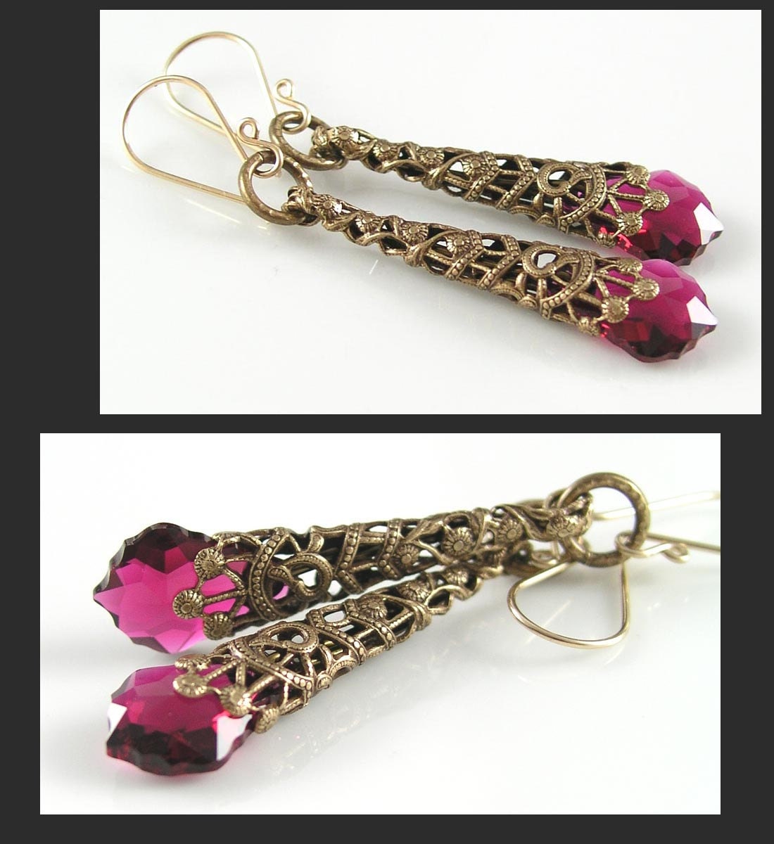 Ruby Earrings Swarovski Ruby Pink Crystal Earrings Victorian Filigree Antique Brass Earrings Raspberry Fuchsia