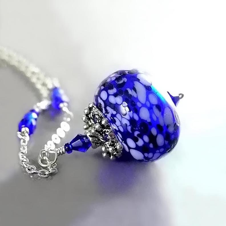 Cobalt Blue Necklace Sterling Silver Hand Blown Royal Blue Hollow Glass Pendant Necklace