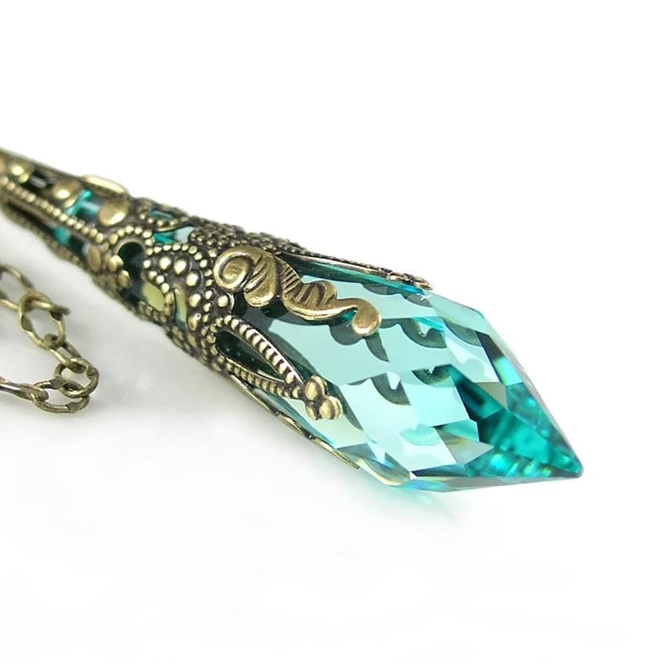 Antique Green Necklace Sea Green Blue Seafoam Swarovski Crystal Antique Gold Necklace Victorian Icicle