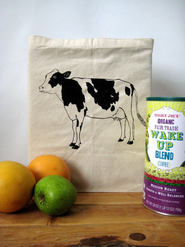 Recycled Cotton Grocery Bag - Shopper Tote - Large Canvas Tote Bag - Reusable and Washable - Eco Friendly and Awesome - Dairy Cow