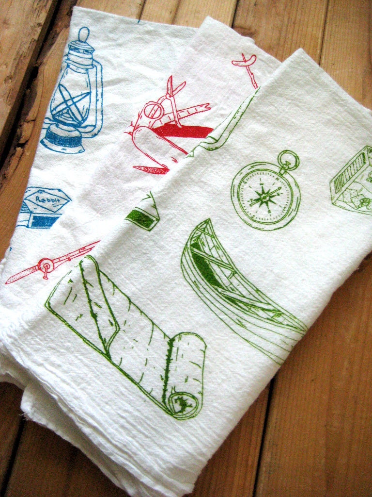 Tea Towel - Screen Printed Organic Cotton Camping Equipment Flour Sack Towel - Awesome Kitchen Towel for Dishes