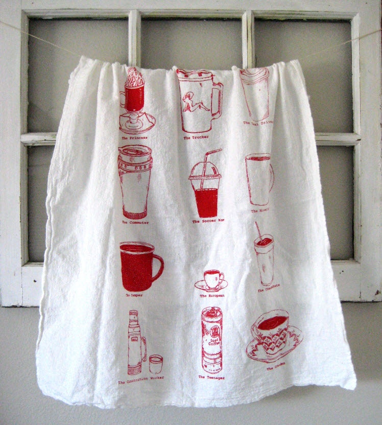 Tea Towel - Screen Printed Organic Cotton Coffee Cups Flour Sack Towel - Awesome Kitchen Towel for Dishes