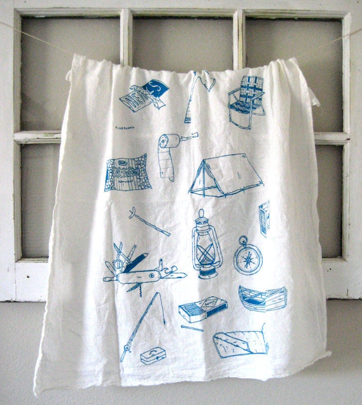 Tea Towel - Screen Printed Organic Cotton Camping Equipment Flour Sack Towel - Eco Friendly and Awesome Kitchen Towel for Dishes