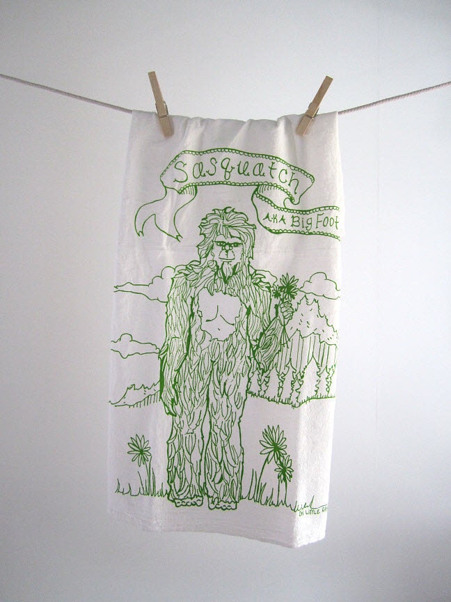 Tea Towel - Screen Printed Organic Cotton Sasquatch Flour Sack Towel - Awesome and Eco Friendly Dish Towel