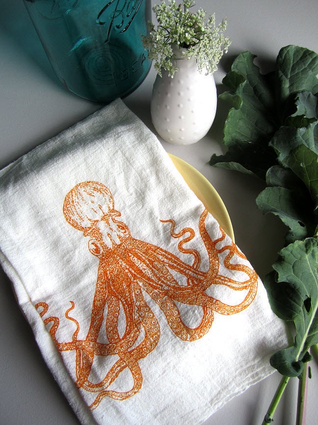 Tea Towel - Screen Printed Organic Cotton Octopus Flour Sack Towel - Perfect Kitchen Towel for Dishes