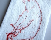 Screen Printed Organic Cotton Flour Sack Tea Towel - Vintage Circus Bear Riding a Bike - Unique Soft and Absorbent Dish Towel